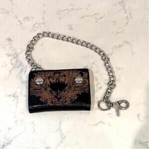 Vintage 90s black leather trifold biker chain wallet skull design goth grunge